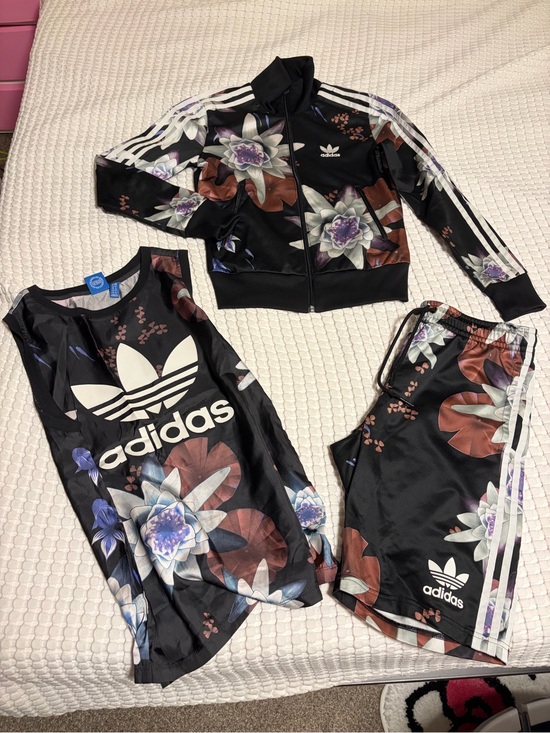 adidas Originals Jackets & Blazers - adidas Originals Black Floral Lotus Brazil Farm Track Jacket Tank & Shorts Set